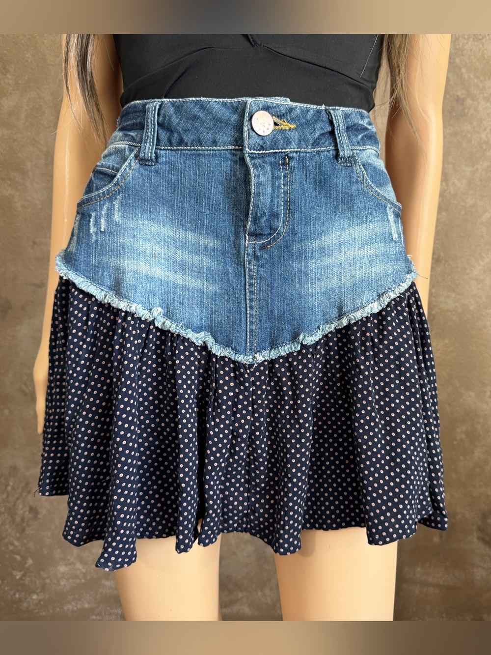 Y2K 2000’s American Rag Denim Skirt High Waist Navy Polka Dot Mini Skirt Sz S